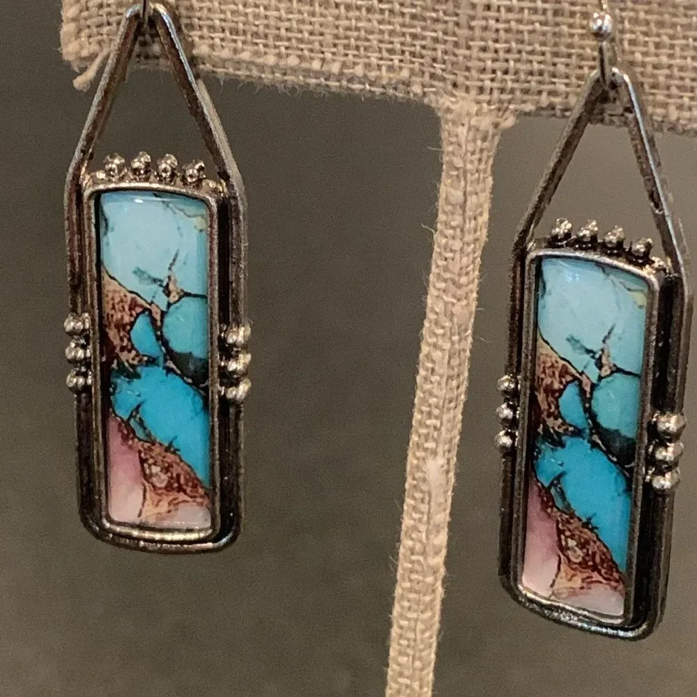Western Marbled Kingman Style Rectangle Drop Earrings - Turquoise and Brown Colo